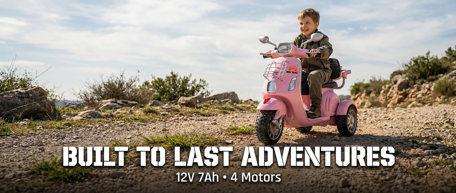 ABC Toyz Vespa Scooter showcasing its three-wheel design and safety features